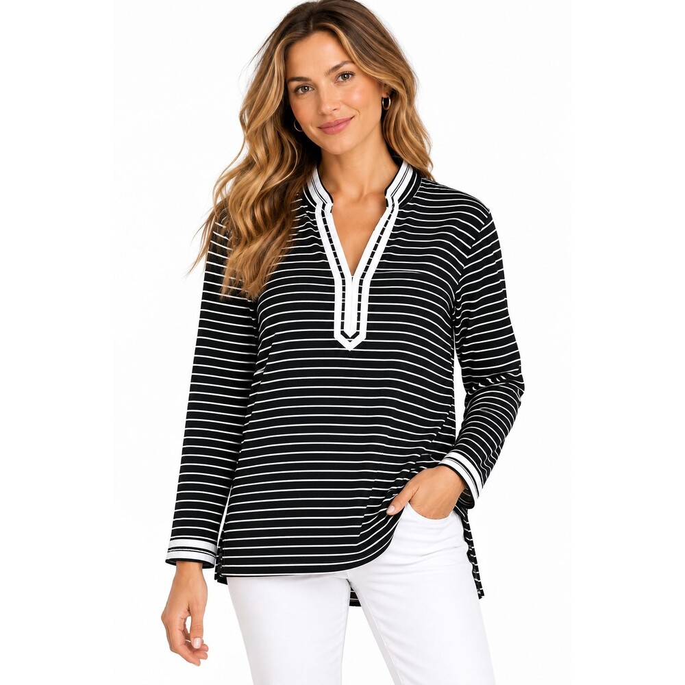 Talbots Top Size 2x Black White Stripe Split Neck Preppy Cotton Nautical Plus